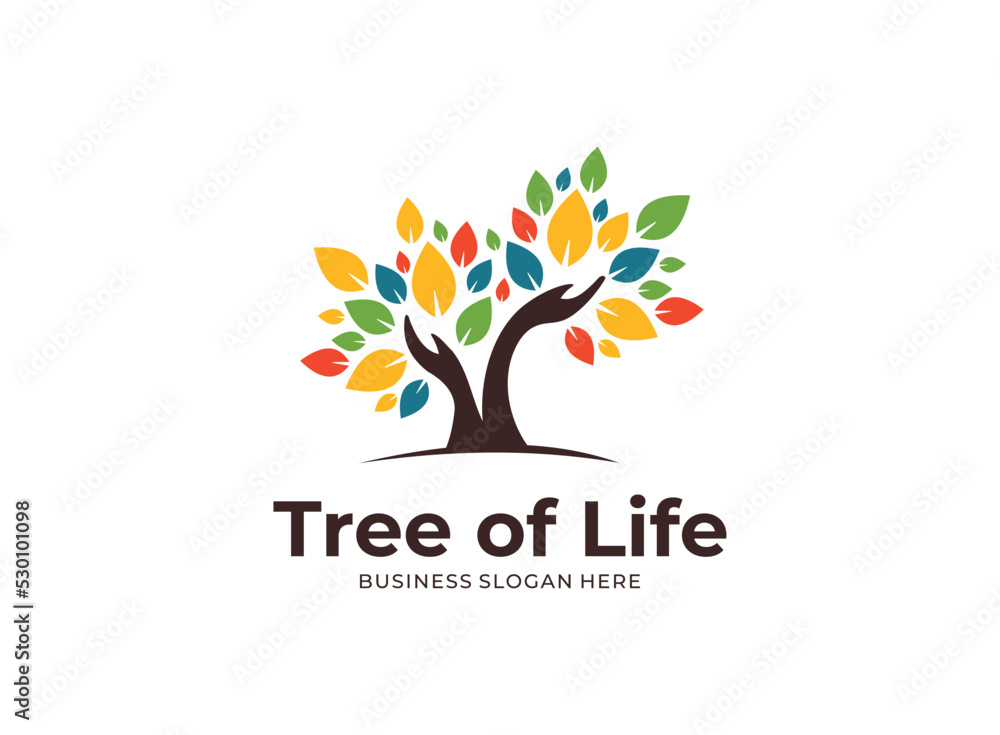 Human hands tree colorful leaves logo icon - obrazy, fototapety, plakaty 