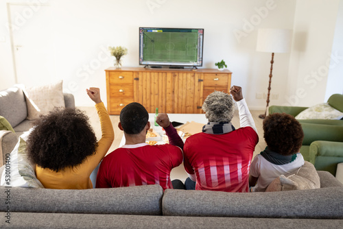 African american family sitting on the couch and watching football match on laptop