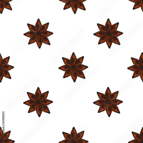 Seamless pattern with anise star on white background. Set with spices. Spices for winter drink.