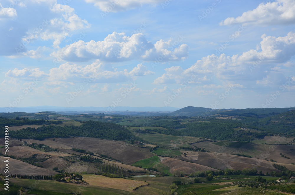 The beautiful countryside and town of Montepulciano in Tuscany on a bright summer day