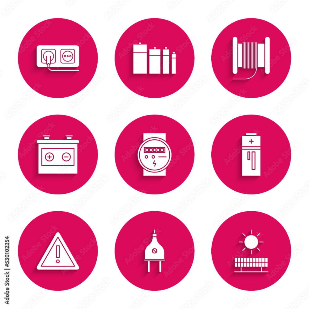 Set Electric meter, plug, Solar energy panel and sun, Battery, Exclamation mark in triangle, Car battery, Wire electric cable reel or drum and Electrical outlet icon. Vector Set Electric meter, plug, Solar energy panel and sun, Battery, Exclamation mark in triangle, Car battery, Wire electric cable reel or drum and Electrical outlet icon. Vector