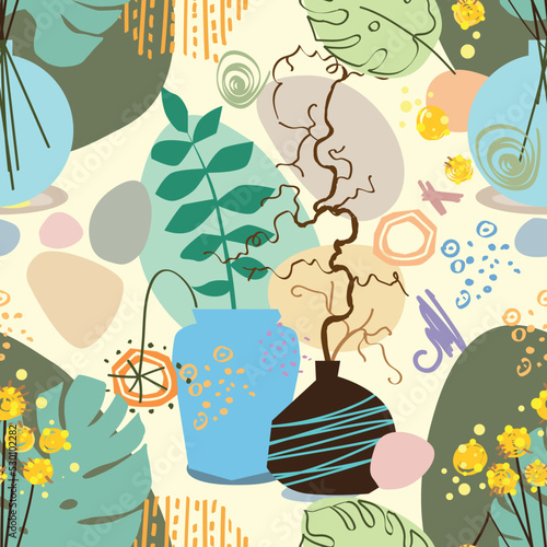 Seamless abstract posters with vases. Trendy still life collage with pot, fruit, vase and tropical palm leaf