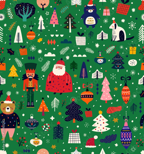 New Year and Christmas seamless pattern with holiday symbols and elements