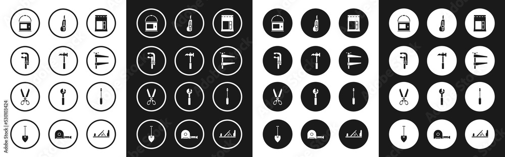 Set Cement bag, Claw hammer, Clamp tool, Paint bucket, Stationery knife, Screwdriver and Scissors icon. Vector Set Cement bag, Claw hammer, Clamp tool, Paint bucket, Stationery knife, Screwdriver and Scissors icon. Vector