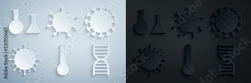 Set Medical thermometer, Virus, DNA symbol, and Test tube and flask icon. Vector