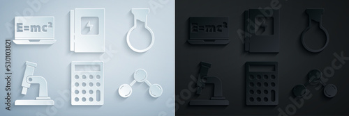 Set Calculator, Test tube and flask, Microscope, Molecule, Electrical panel and Equation solution icon. Vector