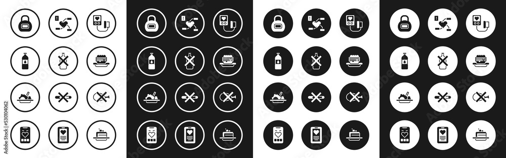 Set Blood pressure, No alcohol, Bottle of water, Kettlebell, Junk food, Attention to health heart, meat and Healthy icon. Vector Set Blood pressure, No alcohol, Bottle of water, Kettlebell, Junk food, Attention to health heart, meat and Healthy icon. Vector