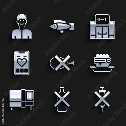 Set No meat, alcohol, doping syringe, Junk food, Bed, Mobile with heart rate, Gym building and Positive thinking icon. Vector
