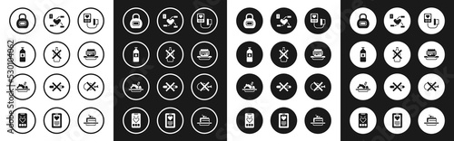 Set Blood pressure, No alcohol, Bottle of water, Kettlebell, Junk food, Attention to health heart, meat and Healthy icon. Vector