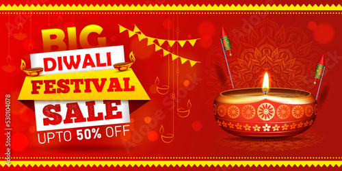 big diwali festival sale discount banner design with diya illustration