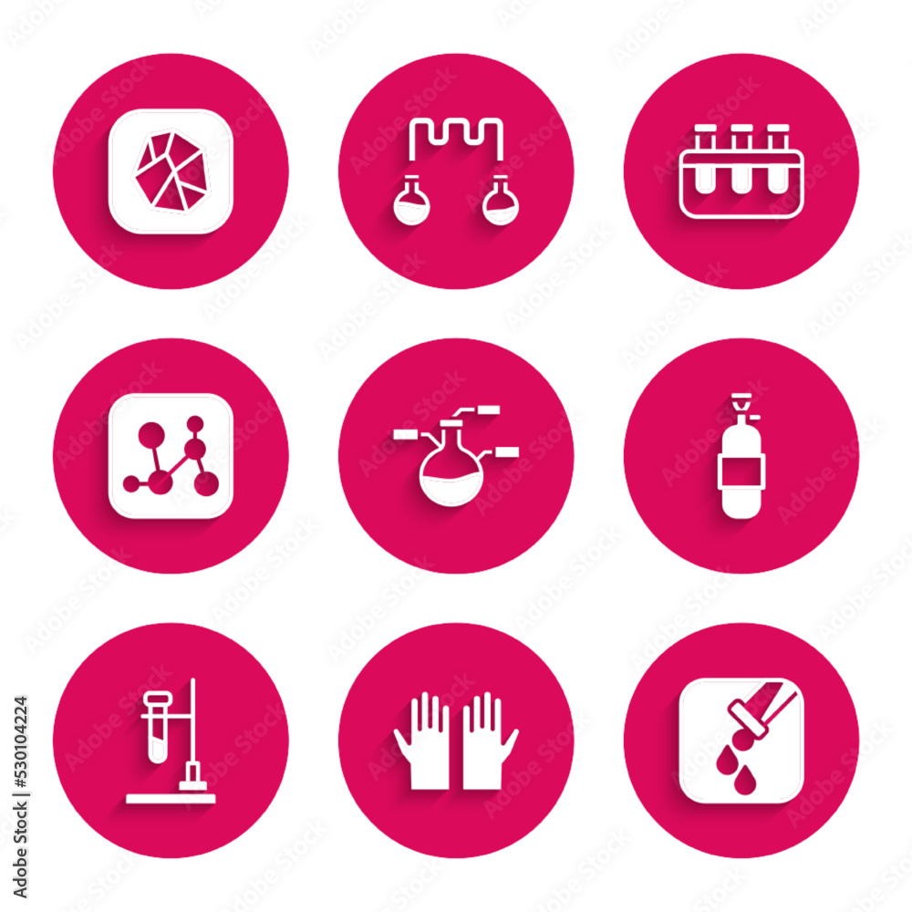 Set Test tube and flask, Medical rubber gloves, Propane gas tank, on fire, Chemical formula, and Salt stone icon. Vector Set Test tube and flask, Medical rubber gloves, Propane gas tank, on fire, Chemical formula, and Salt stone icon. Vector