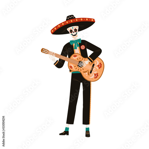 Skeleton in sombrero playing guitar for El Dia de los Muertos, Mexican Day of...