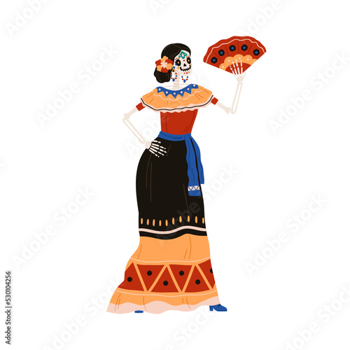 Catrina Calavera skeleton with fan in dress, flowers. Woman in Katrina Garbancera costume for El dia de los Muertos, Mexican Day of Dead holiday. Flat vector illustration isolated on white background
