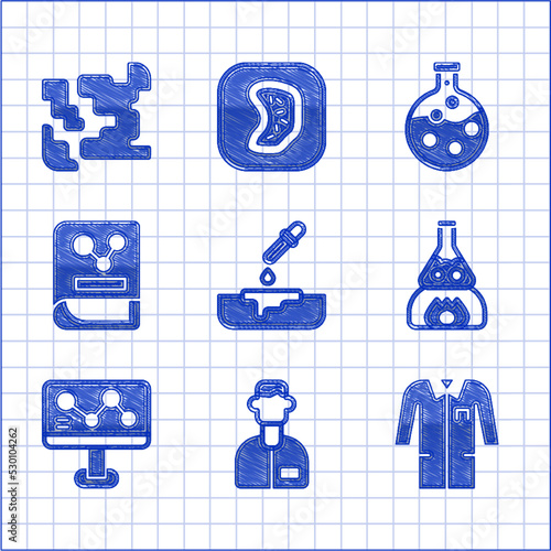 Set Petri dish with pipette, Laboratory assistant, uniform, Test tube flask on fire, Chemical formula, Chemistry book, and and Gaseous icon. Vector