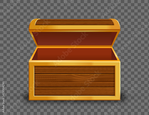 Open wooden old chest. Template isolated on a transparent background