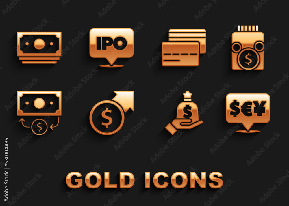 Set Financial growth and dollar, Glass money jar with coin, Currency exchange, Hand holding bag, Stacks paper cash, Credit card, and IPO icon. Vector Set Financial growth and dollar, Glass money jar with coin, Currency exchange, Hand holding bag, Stacks paper cash, Credit card, and IPO icon. Vector