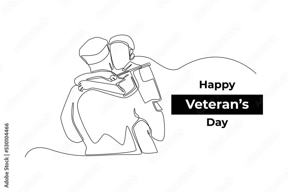 One continuous line drawing of back view son with flag hug father. Veterans day concept. Single line draw design vector graphic illustration. One continuous line drawing of back view son with flag hug father. Veterans day concept. Single line draw design vector graphic illustration.