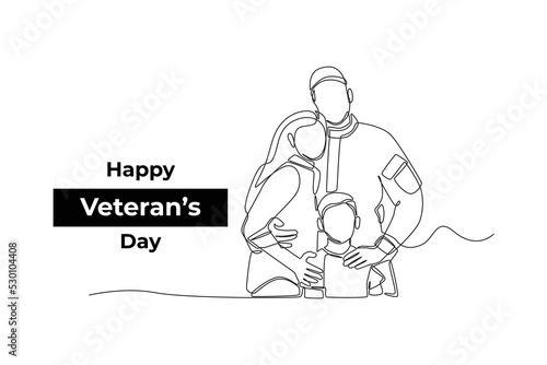 One continuous line drawing of veteran soldier with family. Veterans day concept. Single line draw design vector graphic illustration.