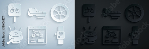 Set Bicycle rental mobile app, wheel, bell, Smart watch, shoes and parking icon. Vector