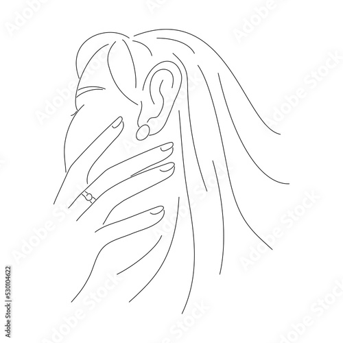 Woman line portrait with jewelry elements. Linear girl face with earrings. Minimal hand drawn art. Vector illustration isolated on white.
