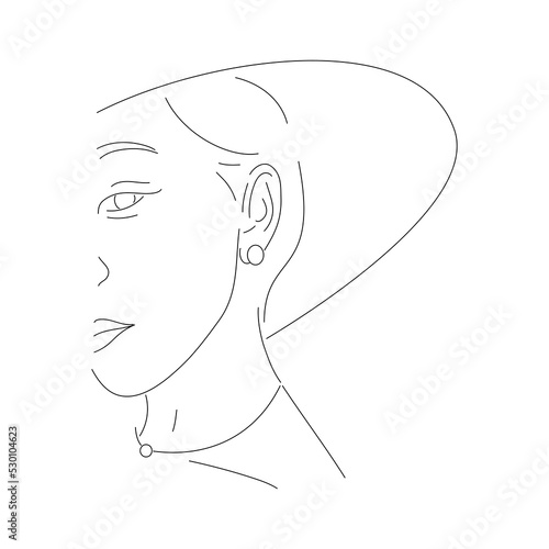 Woman line portrait in hat. Linear girl face with earrings. Minimal hand drawn art. Vector illustration isolated on white.