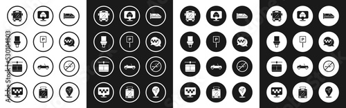 Set High-speed train, Parking, Safety belt, Bus, Taxi call telephone service, Location with taxi, No Smoking and Cable car icon. Vector