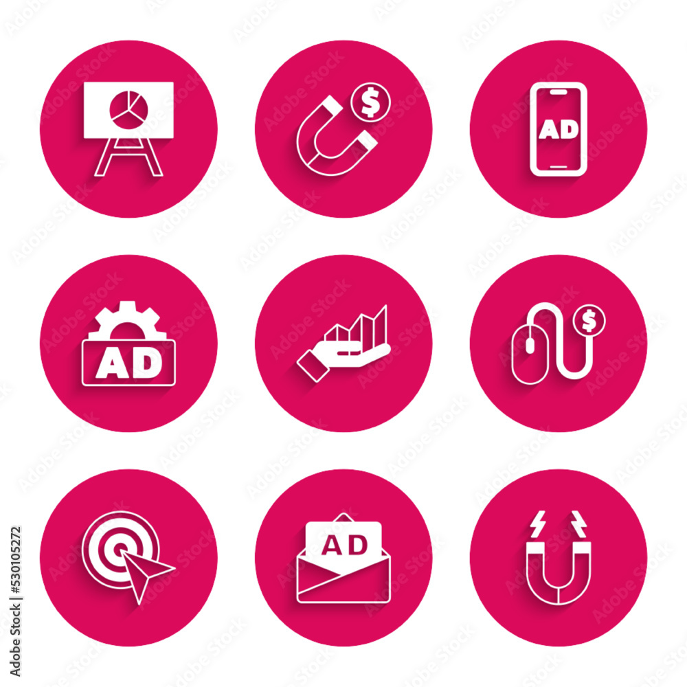 Set Pie chart infographic, Advertising, Magnet, Target, and Board with icon. Vector Set Pie chart infographic, Advertising, Magnet, Target, and Board with icon. Vector