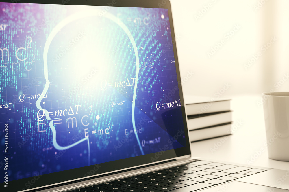 Naklejka premium Creative artificial Intelligence concept with human head sketch on modern computer monitor. 3D Rendering