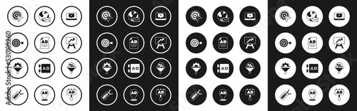 Set Laptop with star, Advertising, Target, Board graph chart, Earth globe mail, Lead management and Sales funnel gear icon. Vector