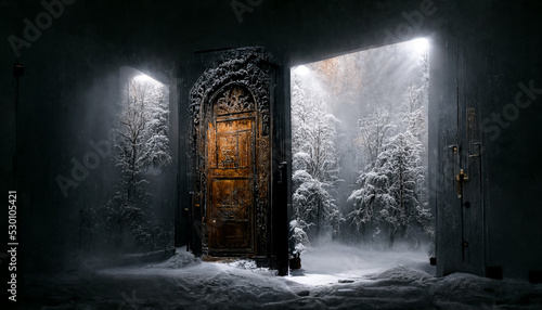 Dark image of old door in the winter. Digital art