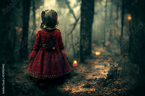 Little girl walking in horror forest.Digital art