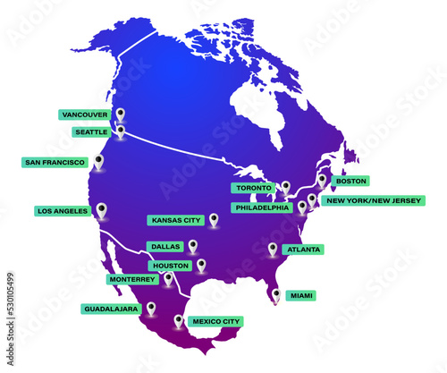 Vector map of North America with 16 cities hosting the 2026 Football World Cup in the USA, Canada and Mexico