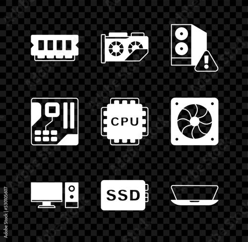 Set RAM, random access memory, Video graphic card, Case of computer, Computer monitor, SSD, Laptop, Motherboard digital chip and Processor with CPU icon. Vector