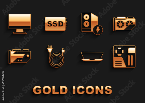 Set Electric plug, Video graphic card, Motherboard digital chip, Laptop, Case of computer, Computer monitor screen and SSD icon. Vector