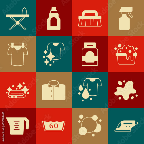 Set Electric iron, Water spill, Basin with soap suds, Brush for cleaning, Drying clothes, Iron and ironing board and Laundry detergent icon. Vector
