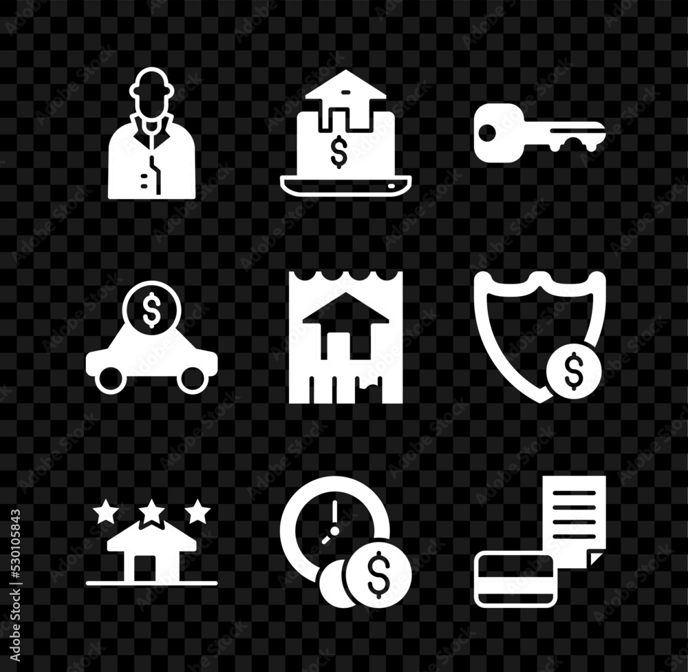 Set Realtor, Online real estate, House key, Time is money, Credit card, Car rental and icon. Vector