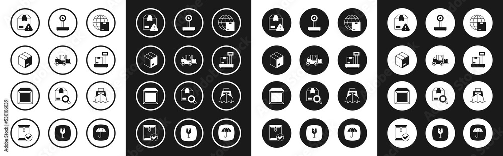Set Worldwide shipping, Forklift truck, Carton cardboard box, Delivery security with shield, Scale, Cargo boxes delivery and icon. Vector Set Worldwide shipping, Forklift truck, Carton cardboard box, Delivery security with shield, Scale, Cargo boxes delivery and icon. Vector