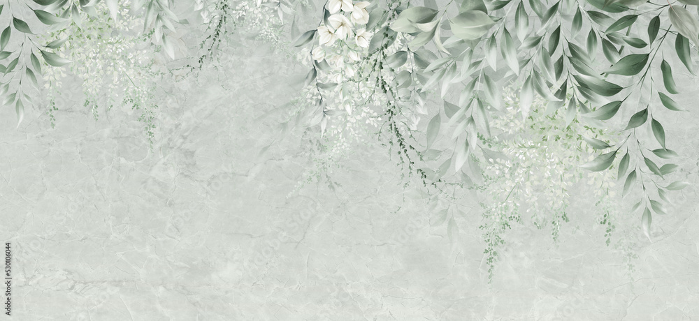 Obraz Floral background for wallpaper, watercolor greenery, can be used as poster. Botanical art. Mural. Leaves on marble. fototapeta, plakat