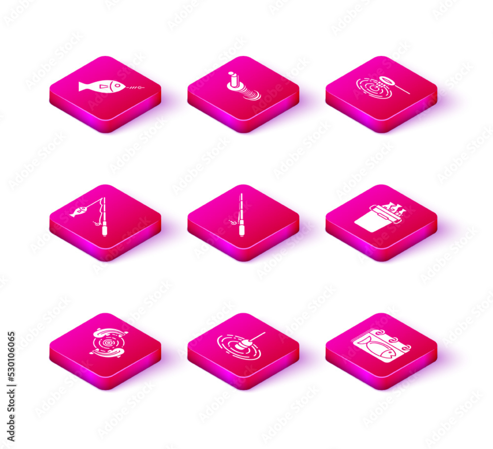 Set Fish, Fishing float in water, rod and fish, Calendar with, bucket fishes, net and Spinning reel for fishing icon. Vector Set Fish, Fishing float in water, rod and fish, Calendar with, bucket fishes, net and Spinning reel for fishing icon. Vector