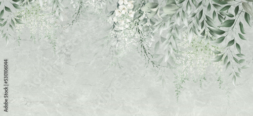 Fototapeta Floral background for wallpaper, watercolor greenery, can be used as poster. Botanical art. Mural. Leaves on marble.
