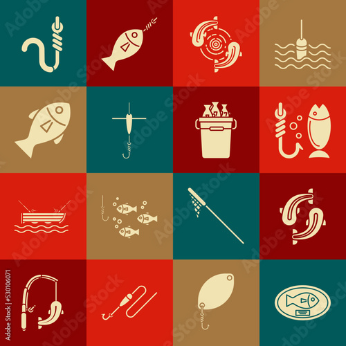 Set Fish trophy hanging on the board, Fishing, hook and float, worm and bucket with fishes icon. Vector