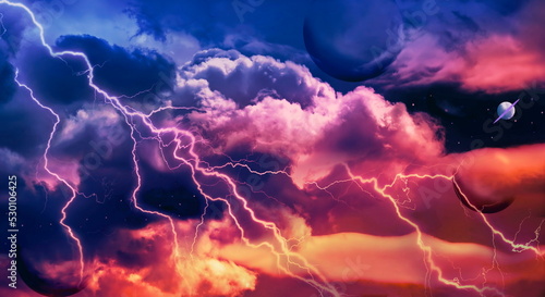  colorful dramatic sky with clouds, steaming cumulonimbus clouds with lightning.