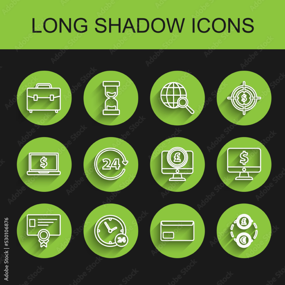 Set line Certificate template, Clock 24 hours, Briefcase, Envelope, Money exchange, Computer monitor with dollar symbol and pound sterling icon. Vector Set line Certificate template, Clock 24 hours, Briefcase, Envelope, Money exchange, Computer monitor with dollar symbol and pound sterling icon. Vector