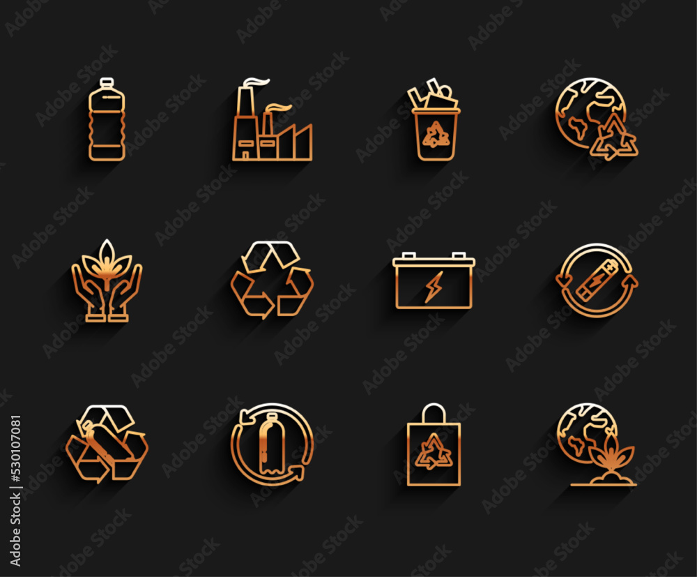 Set line Recycling plastic bottle, Plastic, bag with recycle, Earth globe and plant, Recycle symbol, Battery line and Car battery icon. Vector