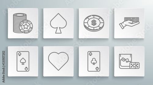 Set line Playing card with spades symbol, heart, clubs, Game dice and glass of whiskey ice cubes, Casino chip dollar, Hand holding deck playing cards and chips icon. Vector