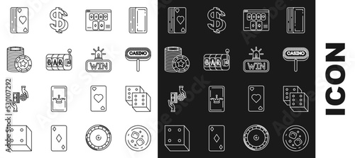 Set line Glass of whiskey and ice cubes, Game dice, Casino signboard, Online poker table game, Slot machine, chips, Deck playing cards and win icon. Vector