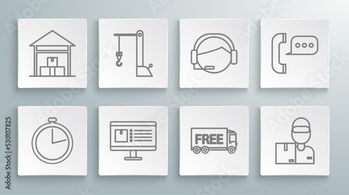 Set line Stopwatch, Computer monitor with app delivery tracking, Free service, Delivery man cardboard boxes, Support operator touch, Telephone speech bubble chat and Warehouse icon. Vector