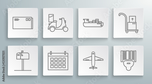 Set line Open mail box, Scooter delivery, Calendar, Plane, Scanner scanning bar code, Cargo ship with boxes service, Hand truck and and Envelope icon. Vector