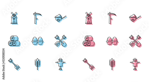 Set line Garden rake, Cereals with rice, wheat, corn, oats, rye, Windmill, Scarecrow, Chicken egg box, Shovel and, Roll of hay and Scythe icon. Vector