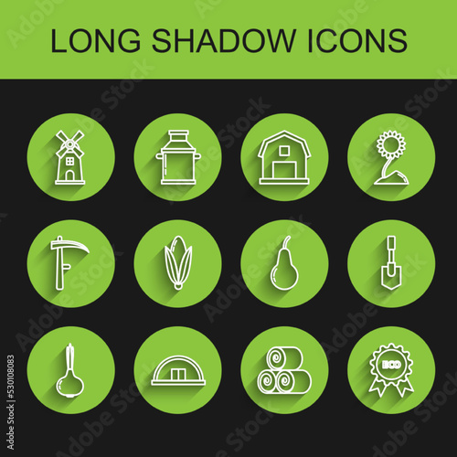 Set line Onion, Hangar, Windmill, Roll of hay, Banner, label, tag, logo for eco, Corn, Shovel and Pear icon. Vector